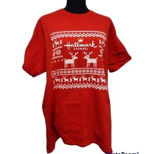 Hallmark Channel holiday red embroidered look printed graphic t-shirt size L